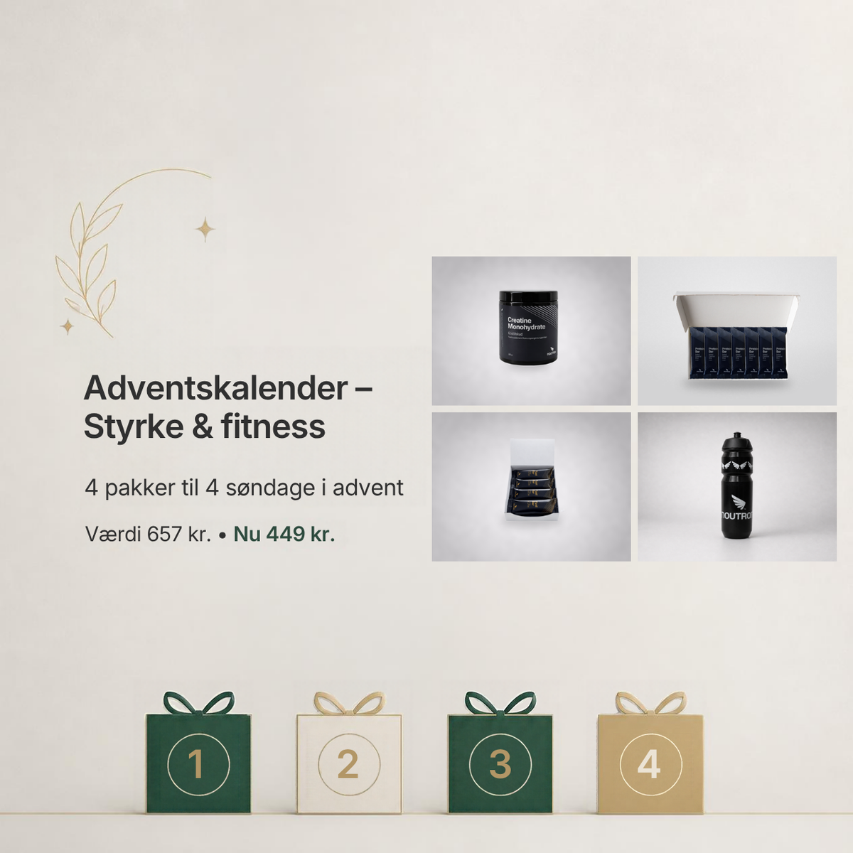 Noutron Adventskalender – Styrke & fitness: kreatin, protein bar, fuel bar og drikkedunk